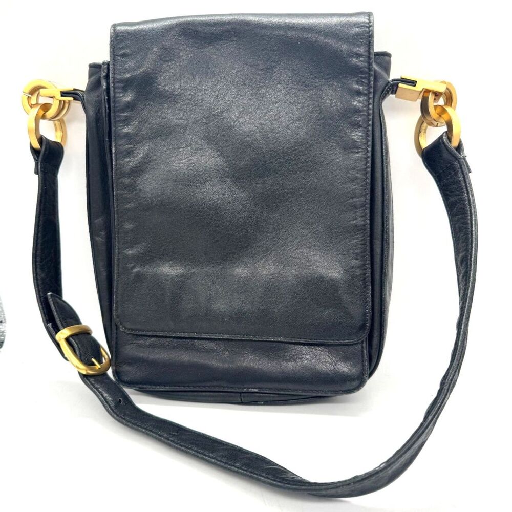 Carla Marchi Black Leather Purse with Gold Accents Adjustable Strap